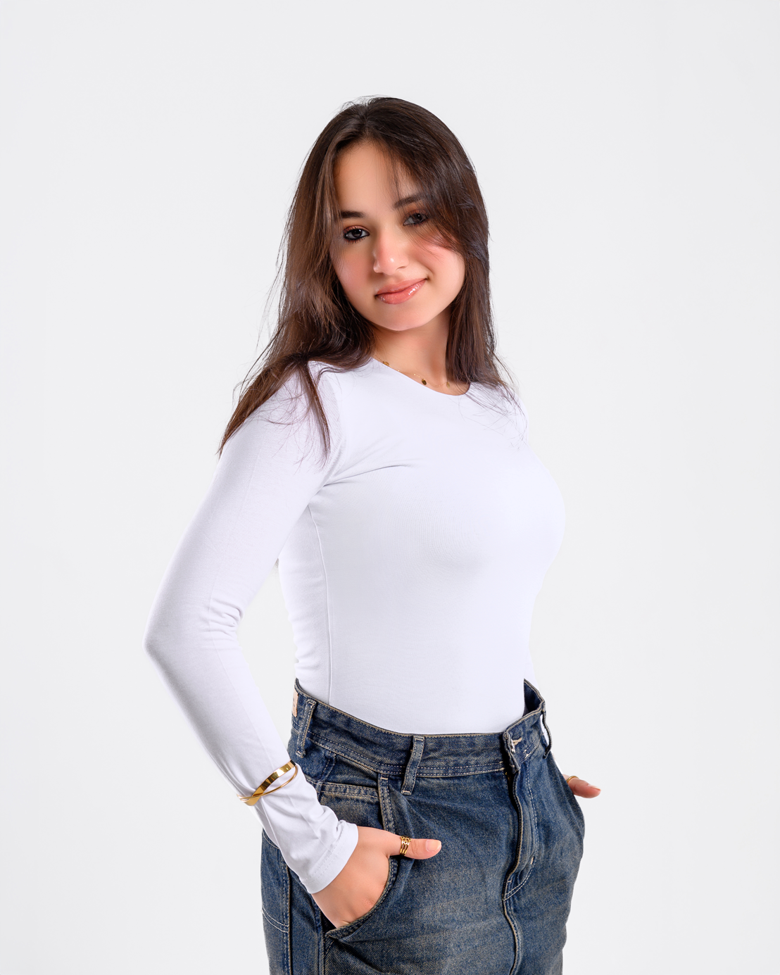 Double Layer Long Sleeves Top-White