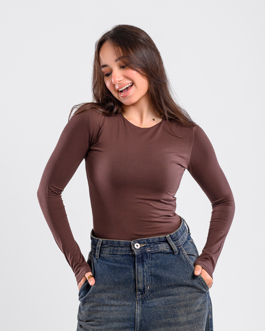 Double Layer Long Sleeves Top-Brown