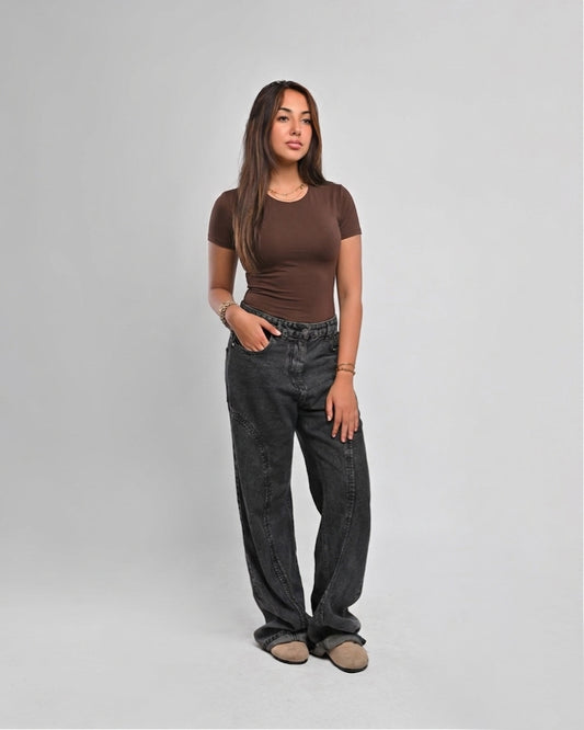 Double Layer Half Sleeves Basic Top – brown