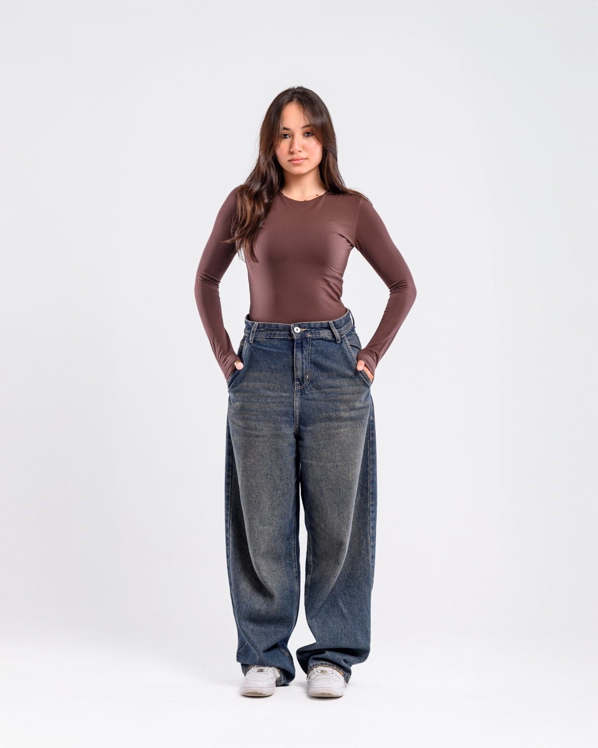 Double Layer Long Sleeves Top-Brown
