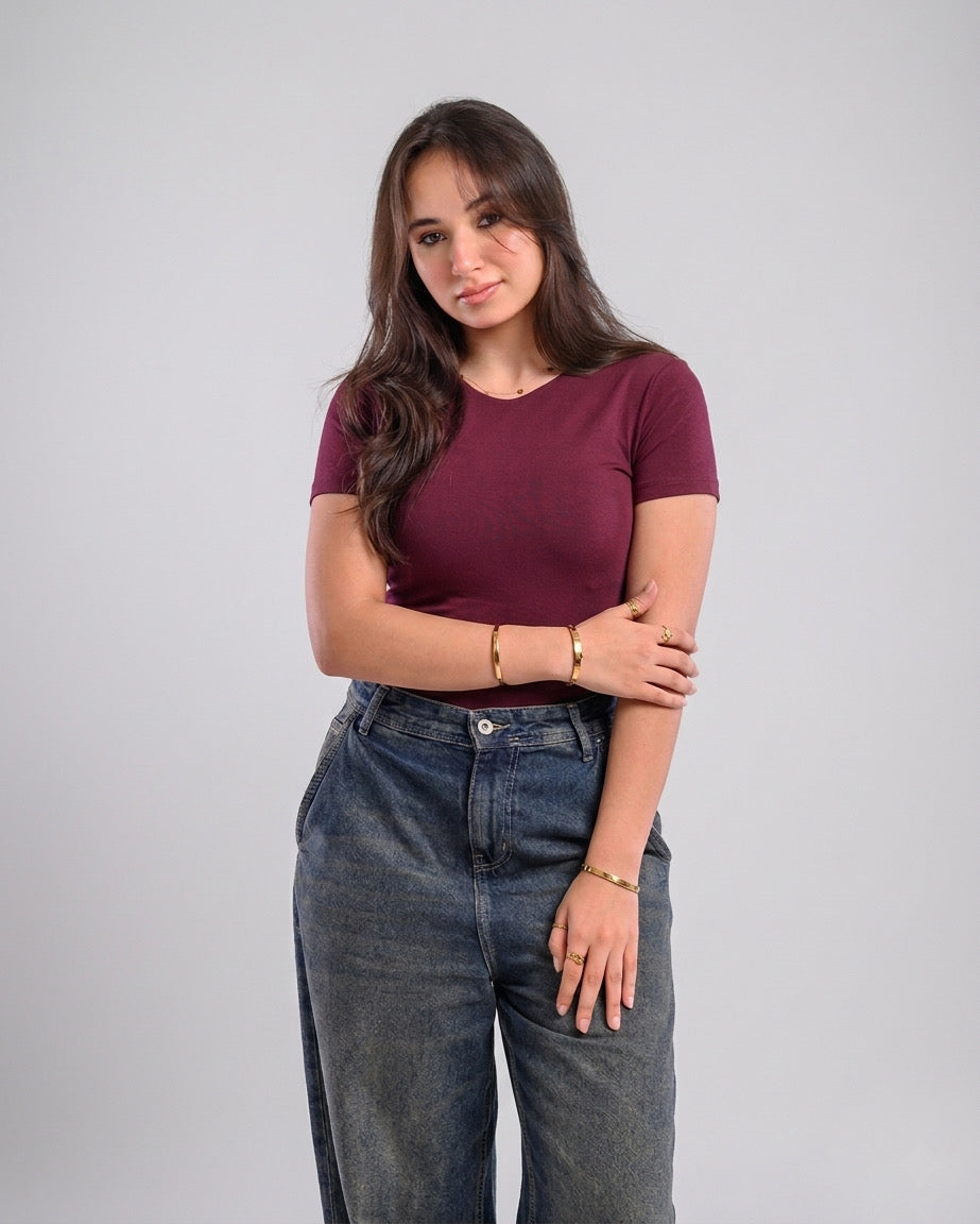 Double Layer Half Sleeves Basic Top – burgundy