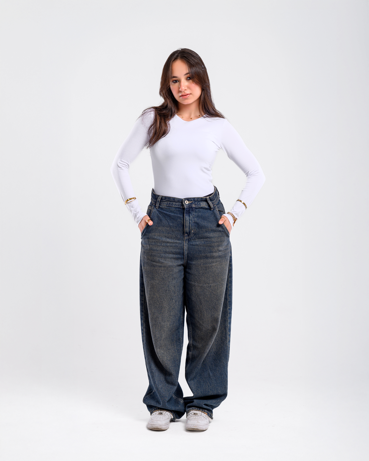 Double Layer Long Sleeves Top-White